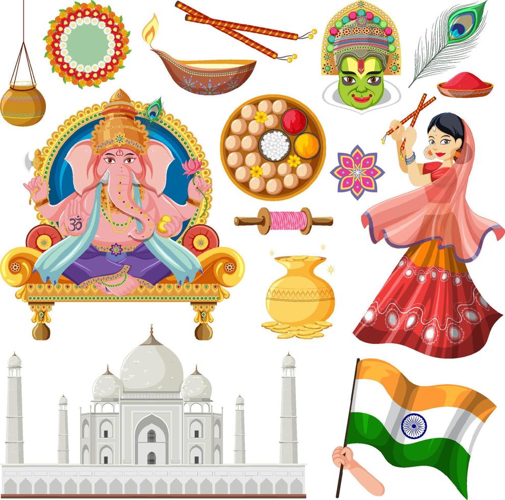 Set of Indian culture objects and symbols vector