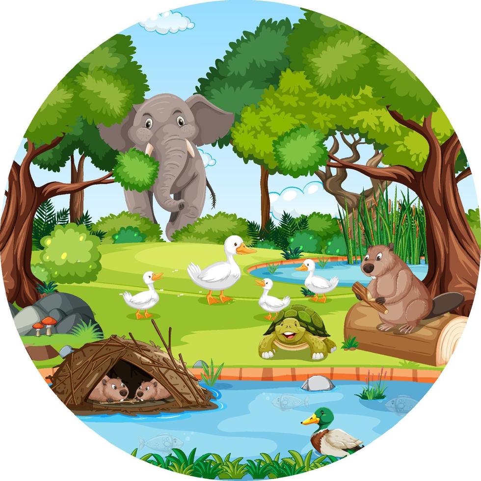 bosque en forma redonda con animales salvajes vector