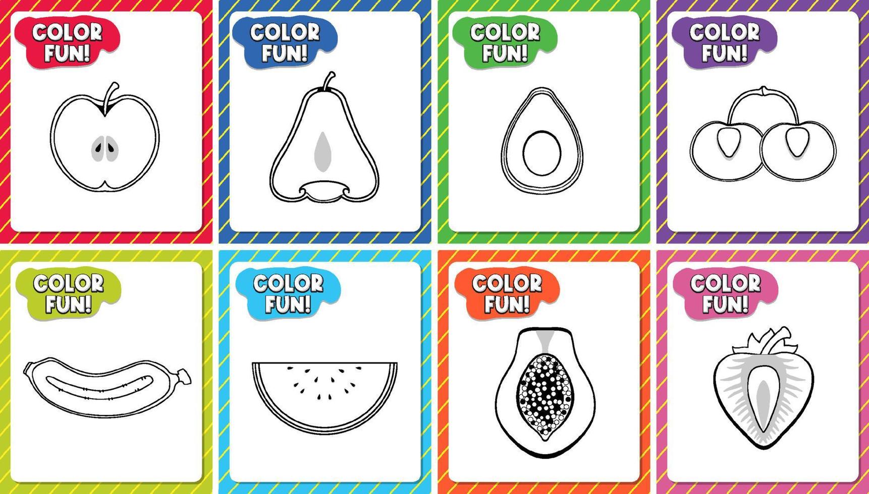 Set of worksheets template with color fun text and fruit outline vector