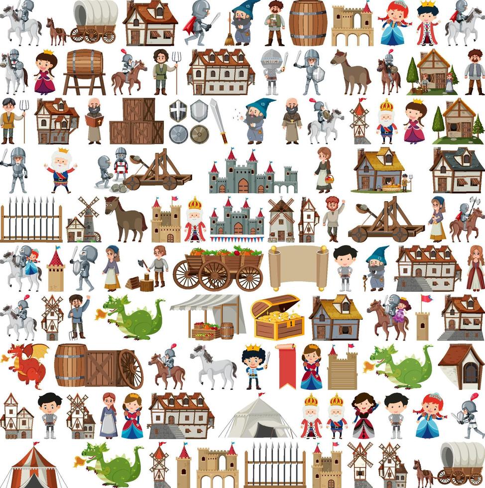 Medieval characters buildings set vector