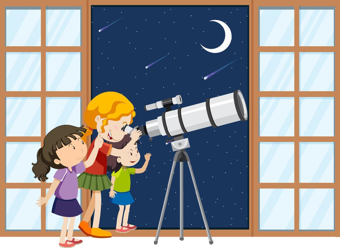 los niños observan el cielo nocturno con telescopio vector