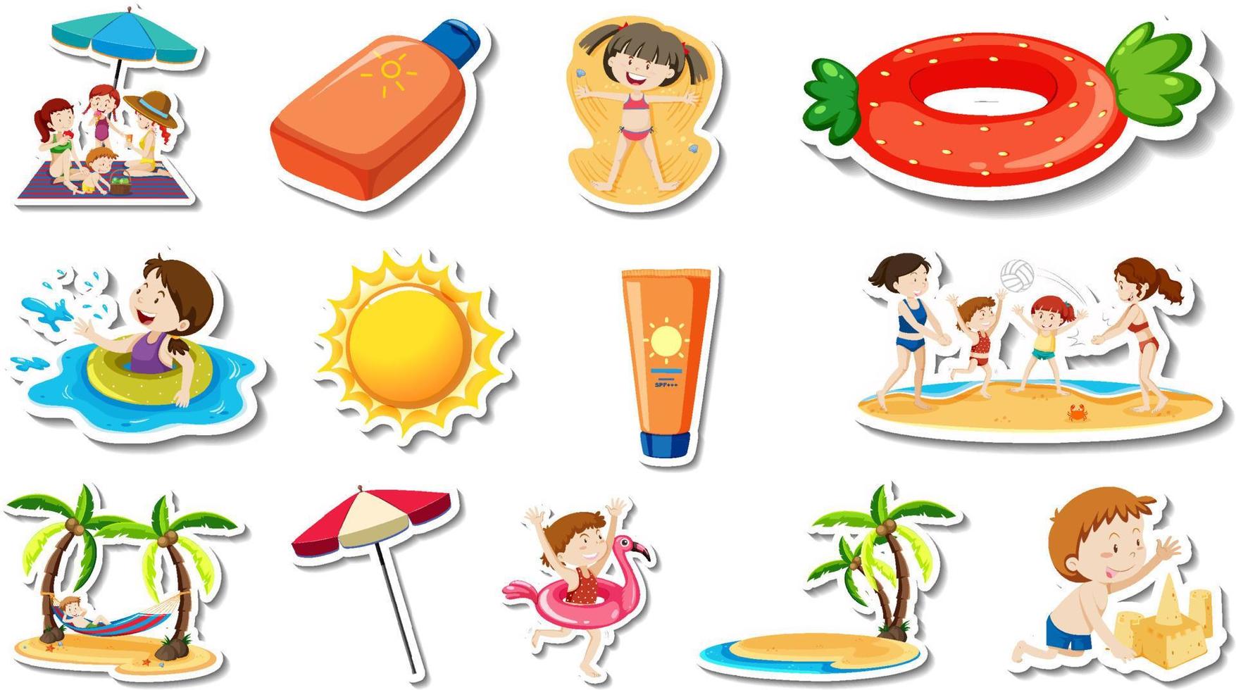 conjunto de artículos de playa de verano y niños. vector