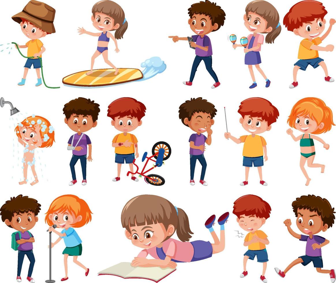 Set of children doing different activities on white background vector