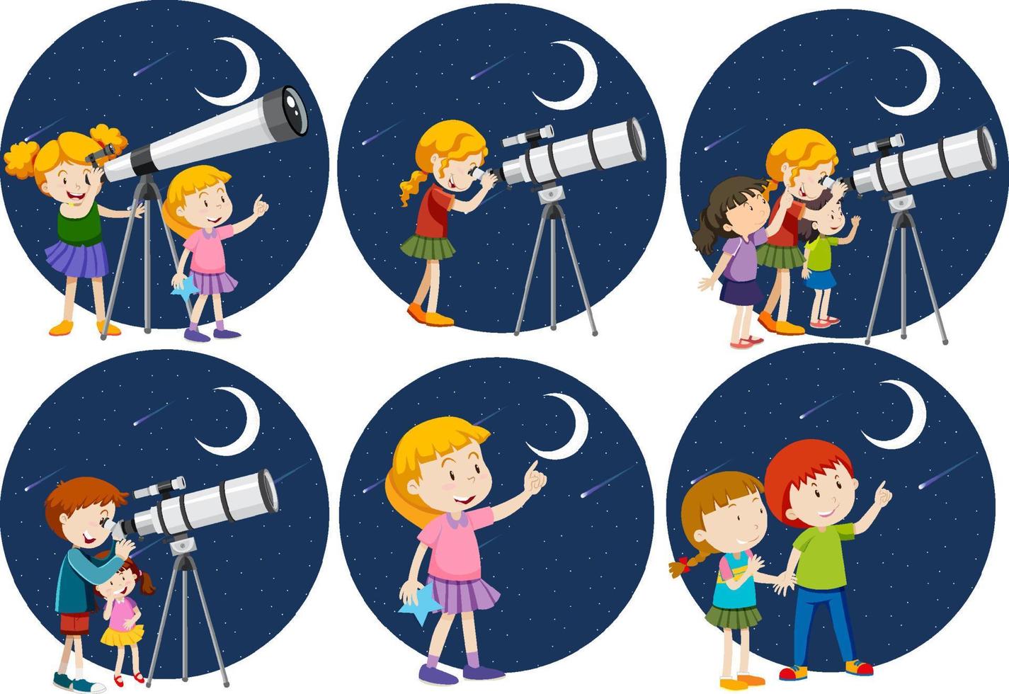 conjunto de diferentes niños mirando a través del telescopio por la noche vector