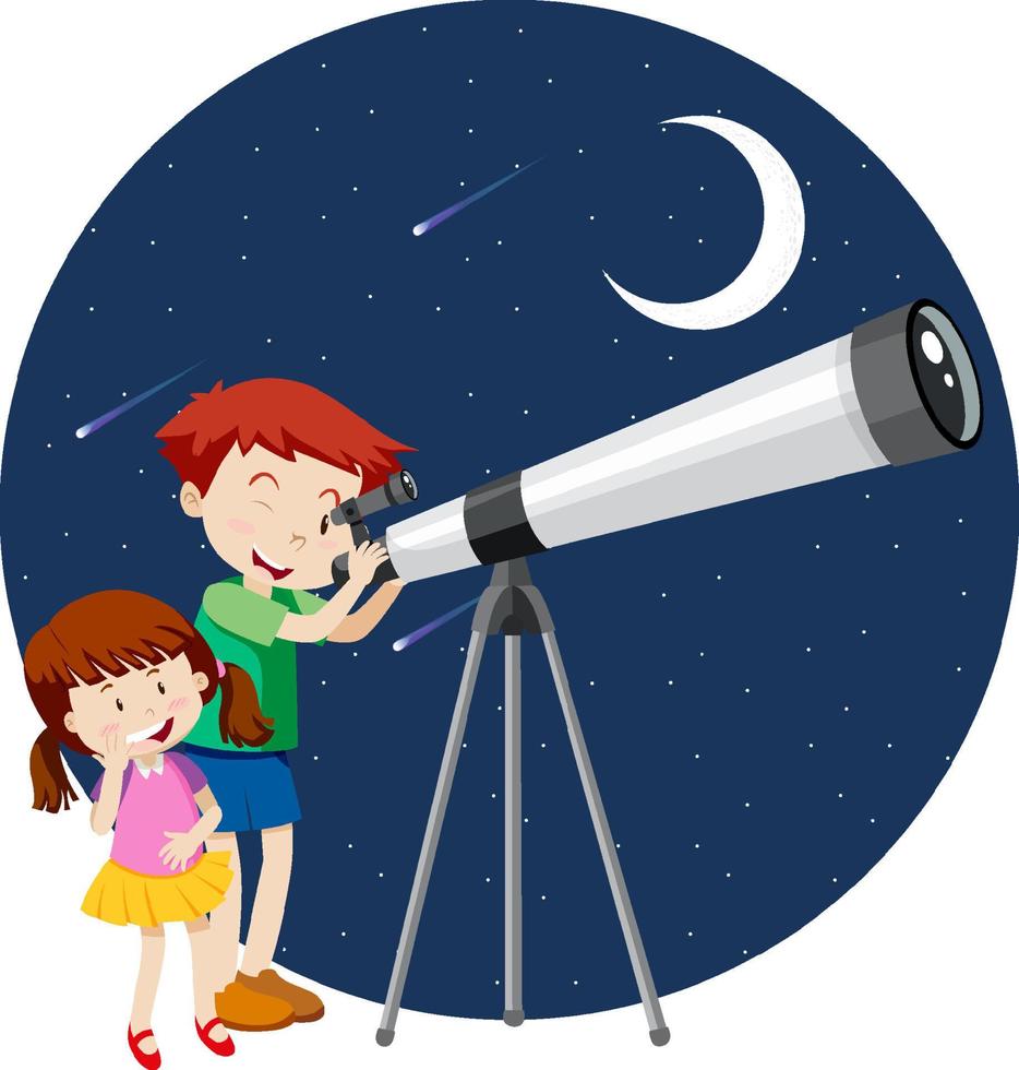 Happy kids observe night sky with telescope vector