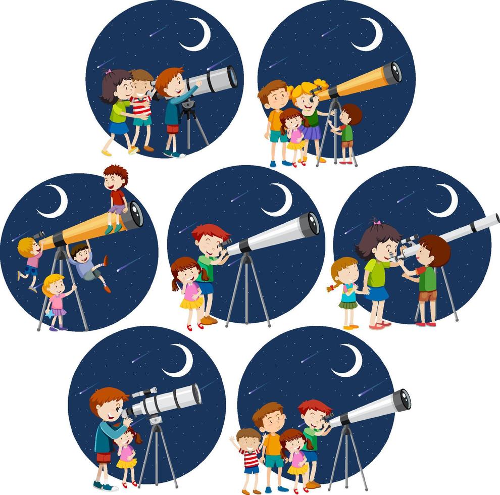 conjunto de diferentes niños mirando a través del telescopio por la noche vector