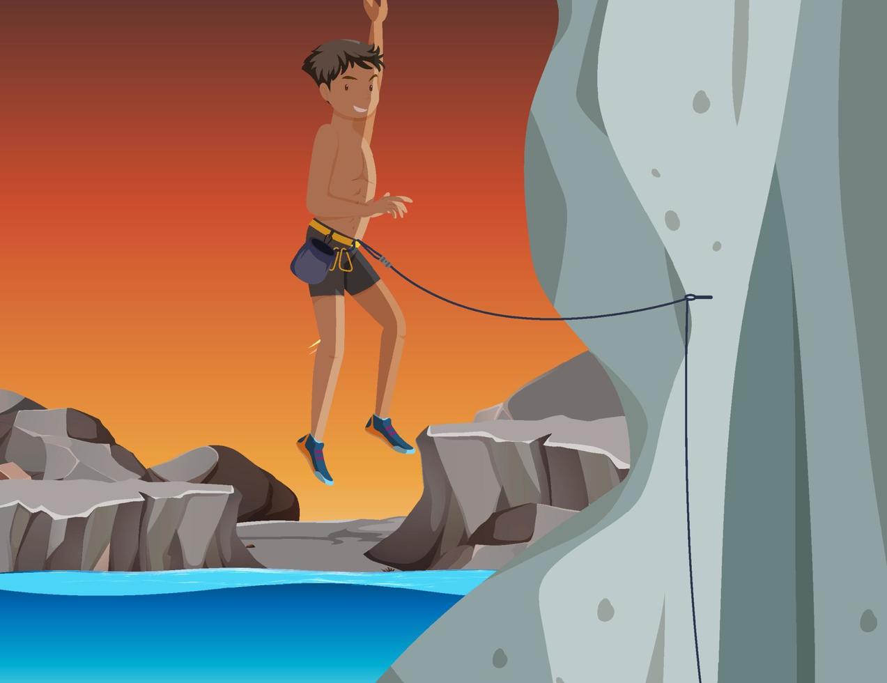 Rock climber on cliff at sunset time vector