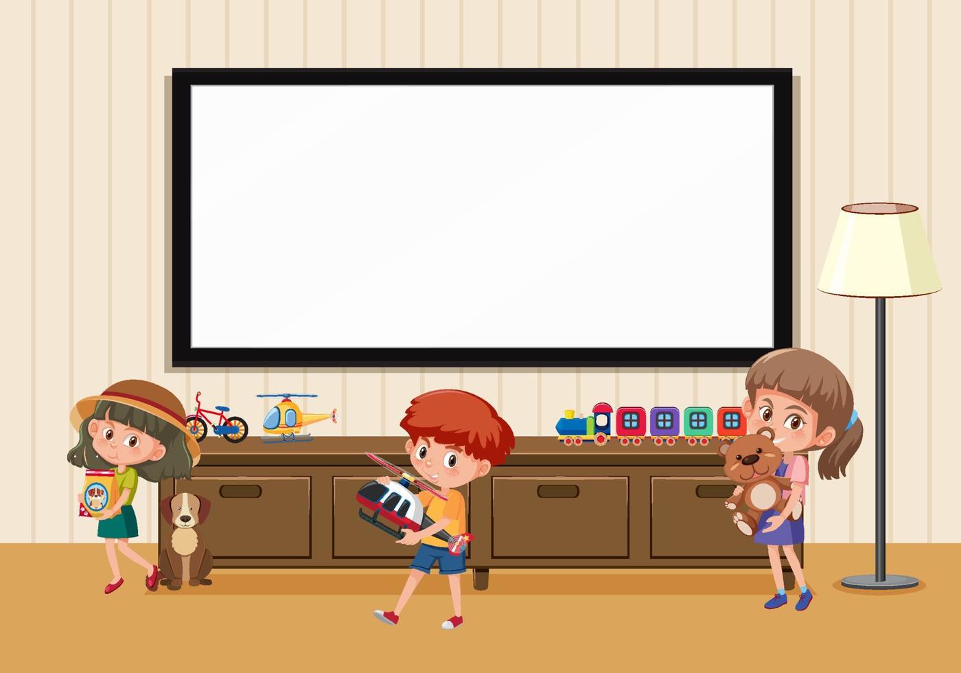 Living room scene with children cartoon character vector