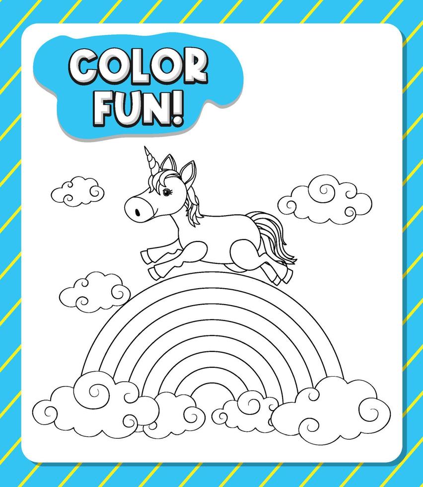 Worksheets template with color time text and Unicorn outline vector