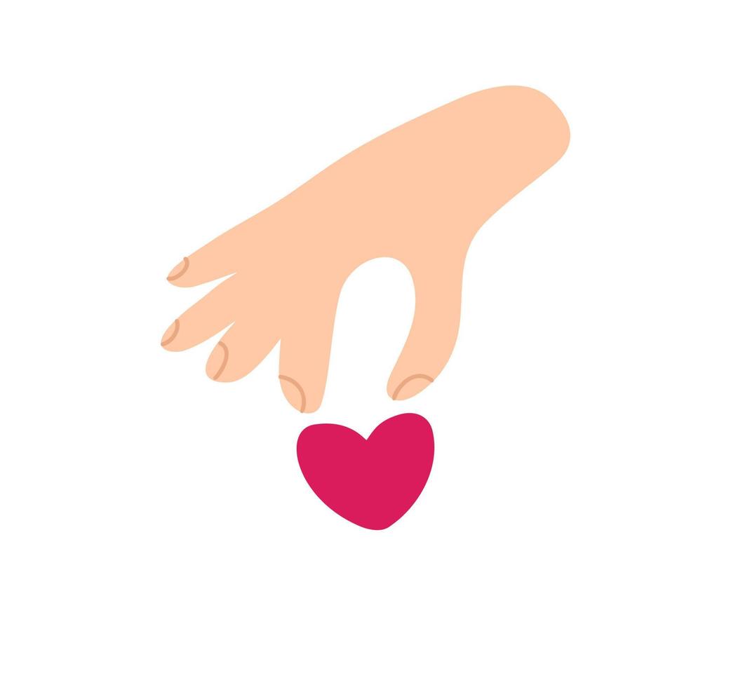 Vector Beige woman hand takes red heart logo icon. Encourage donate. Concept idea of donation and help. Stop war in Ukraine