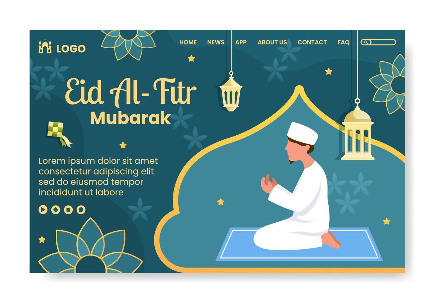 feliz eid al-fitr mubarak plantilla de página de destino ilustración de diseño plano editable de fondo cuadrado para redes sociales, póster o tarjeta de felicitación vector