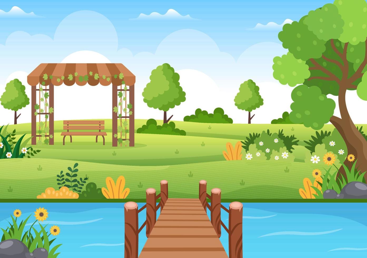 Beautiful Garden Cartoon Background Illustration With A Landscape ...