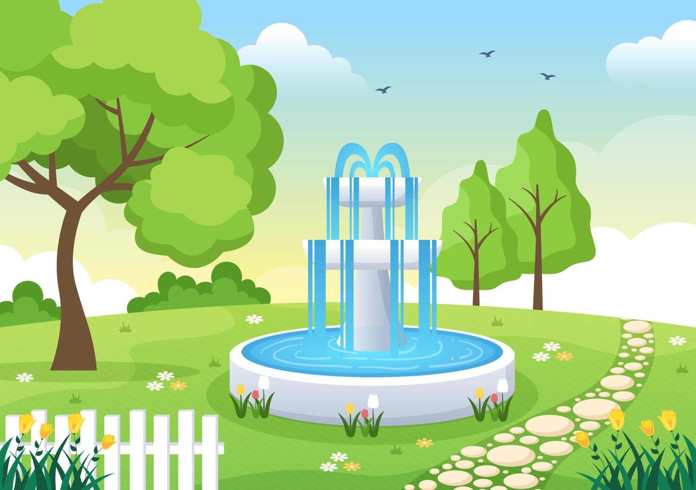 Beautiful Garden Cartoon Background Illustration With A Landscape Nature Of Plant, Flowers, Tree and Green Grass in Flat Design Style vector