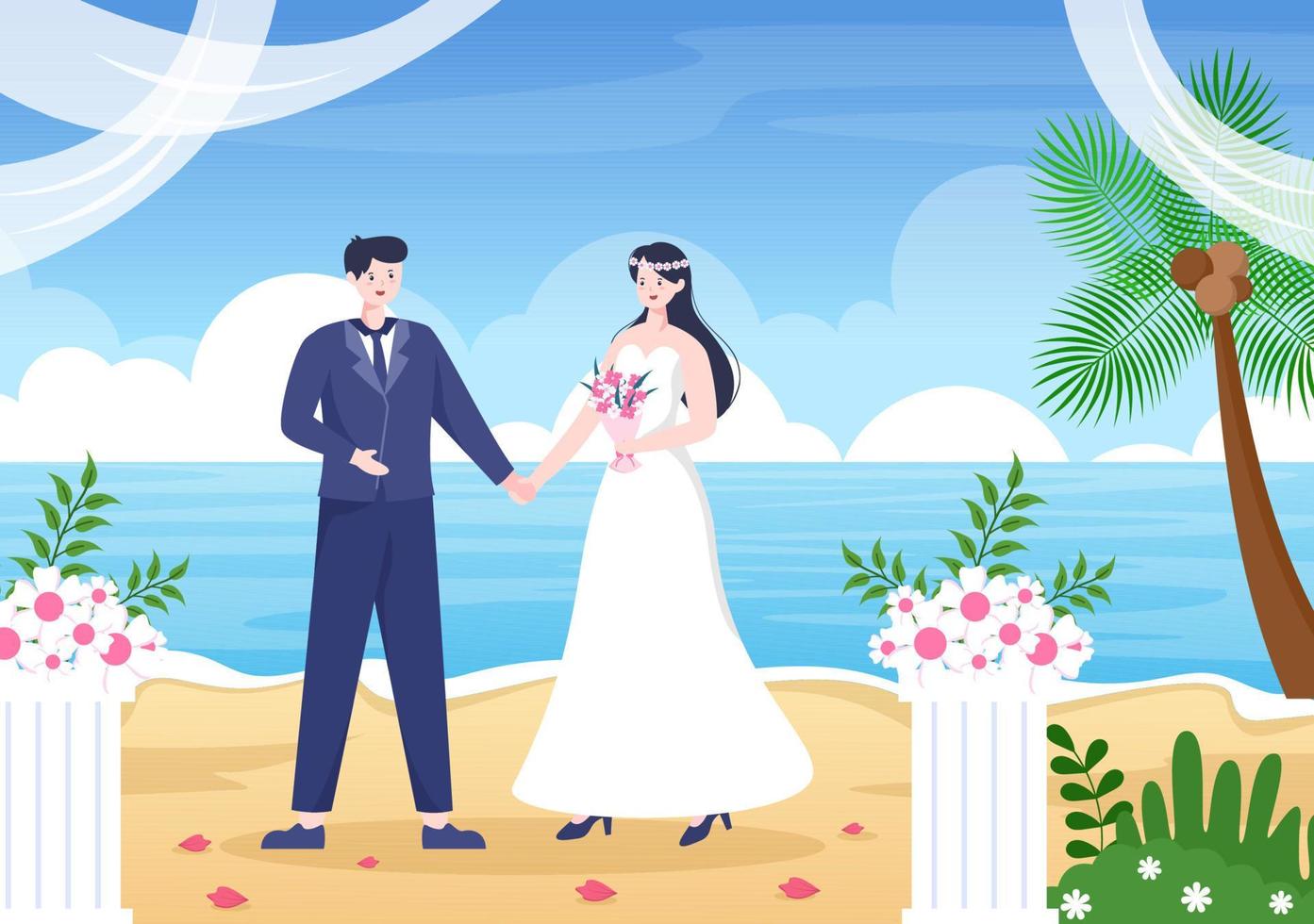 pareja feliz celebrando la boda o la ceremonia de matrimonio con hermosas  decoraciones florales al aire libre en una ilustración de estilo de dibujos  animados de fondo plano 7145520 Vector en Vecteezy