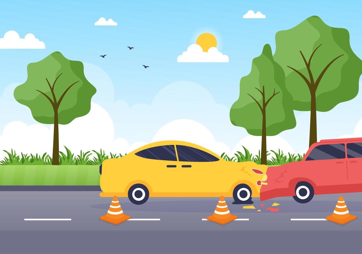 ilustración de fondo de accidente automovilístico con dos autos chocando o golpeando algo en la carretera causando daños en estilo plano vector