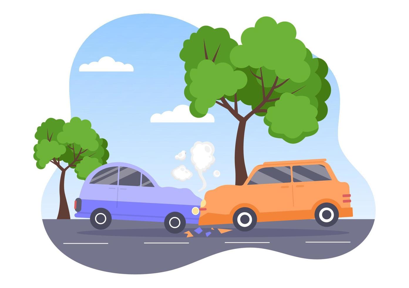 ilustración de fondo de accidente automovilístico con dos autos chocando o golpeando algo en la carretera causando daños en estilo plano vector