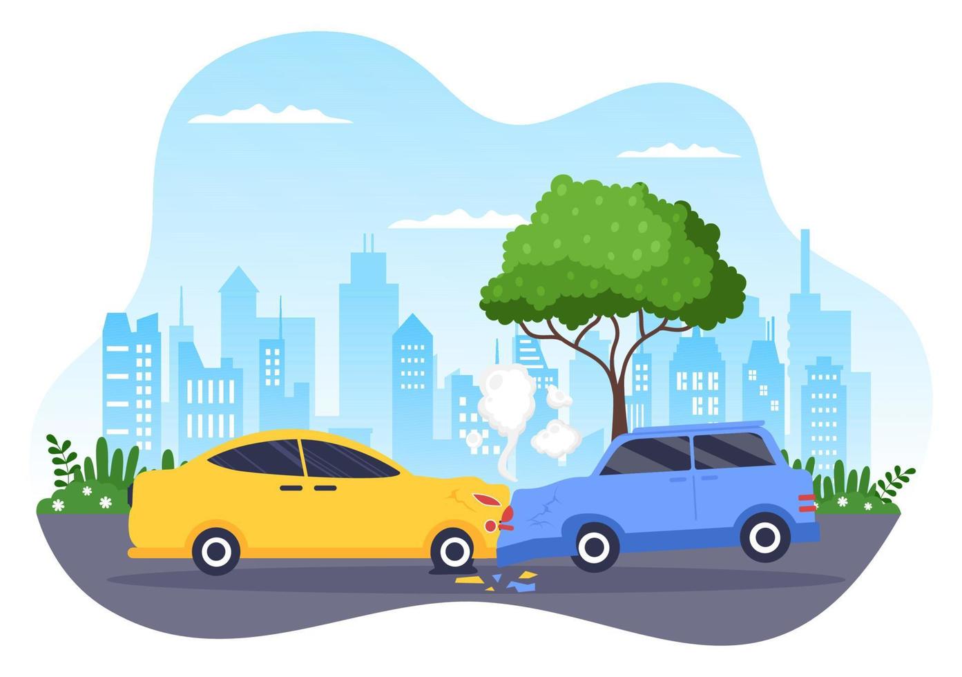 Car Accident Background Illustration with Two Cars Colliding or Hitting Something on the Road Causing Damage in Flat Style vector