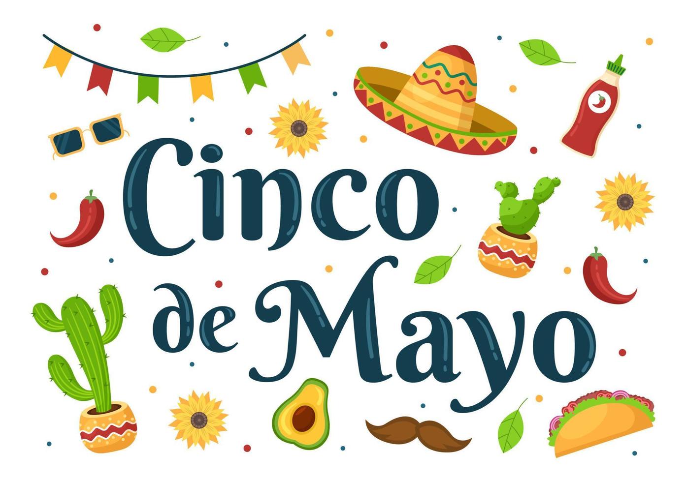 Cinco de Mayo Mexican Holiday Celebration Cartoon Style Illustration with Cactus, Guitar, Sombrero and Drinking Tequila for Poster or Greeting Card vector