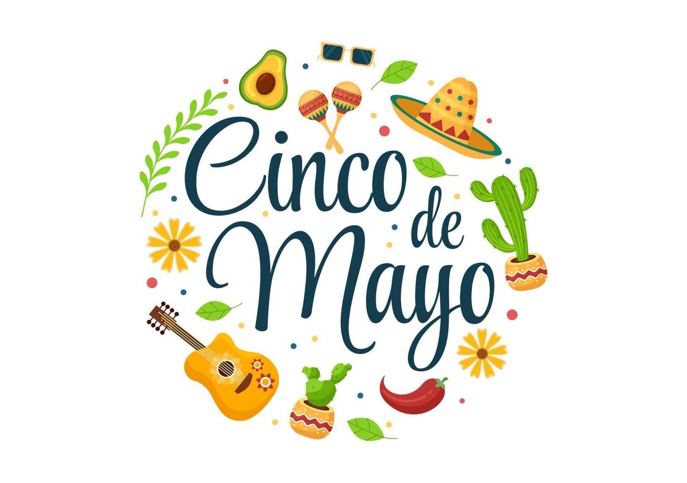 Cinco de Mayo Mexican Holiday Celebration Cartoon Style Illustration with Cactus, Guitar, Sombrero and Drinking Tequila for Poster or Greeting Card vector