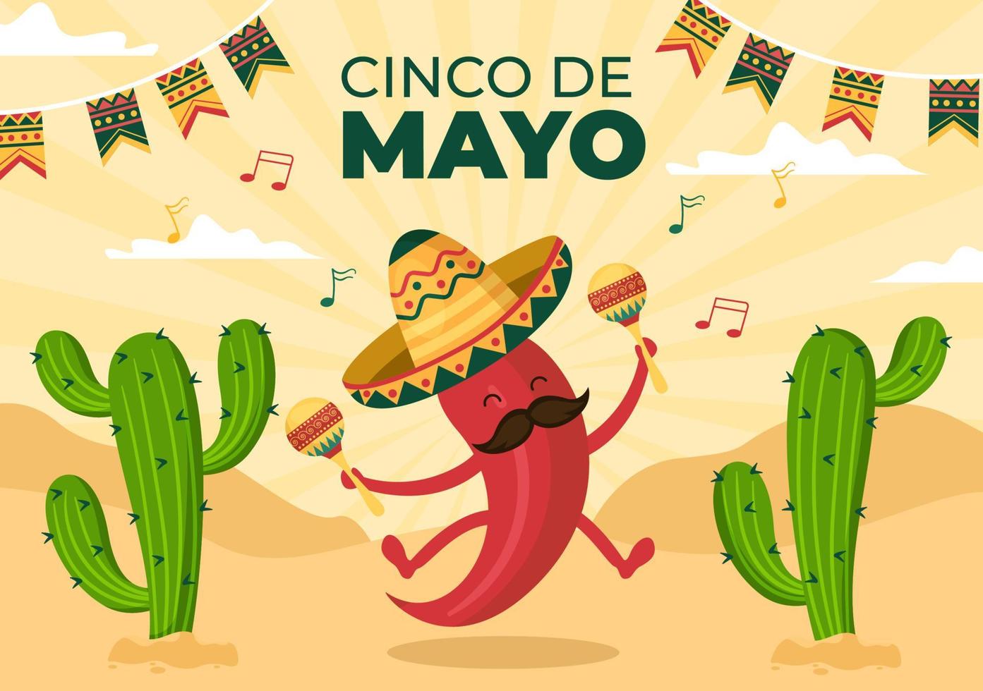 Cinco de Mayo Mexican Holiday Celebration Cartoon Style Illustration with Cactus, Guitar, Sombrero and Drinking Tequila for Poster or Greeting Card vector
