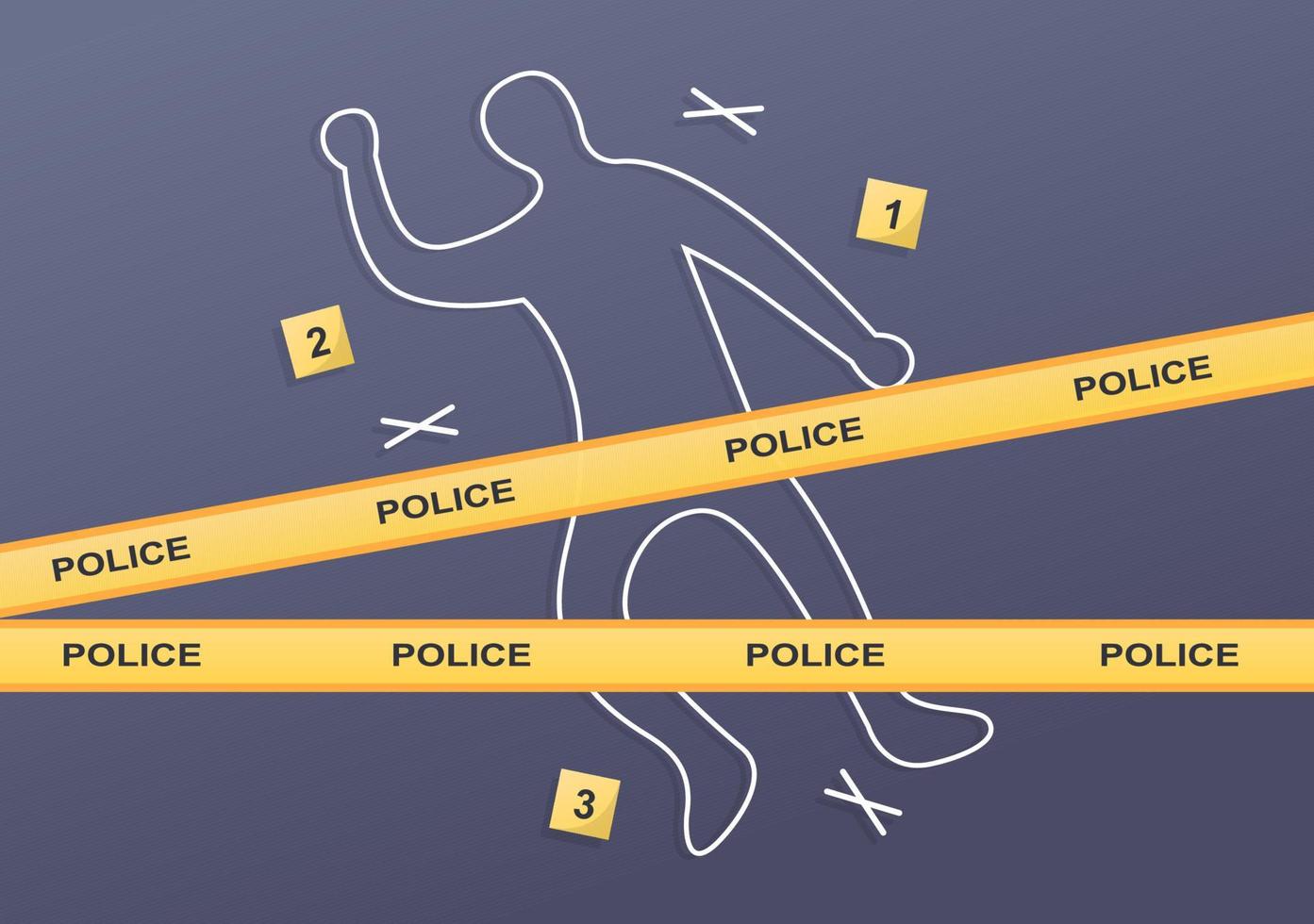 Police Line at the Crime Scene with Chalk Outline of Murdered victim of Gun Violence on the Road and Evidence on Flat Cartoon Style illustration vector