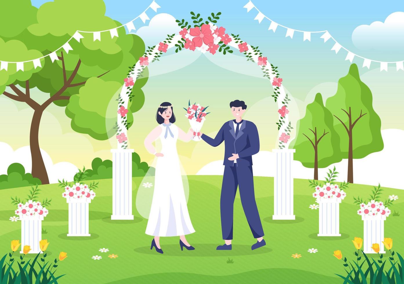 pareja feliz celebrando la boda o la ceremonia de matrimonio con hermosas  decoraciones florales al aire libre en una ilustración de estilo de dibujos  animados de fondo plano 7145592 Vector en Vecteezy