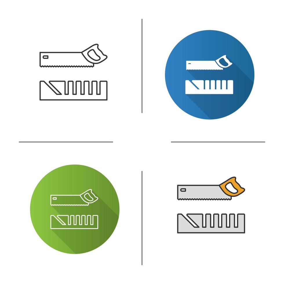 Mitre box and handle pad saw icon. Flat design, linear and color styles. Isolated vector illustrations