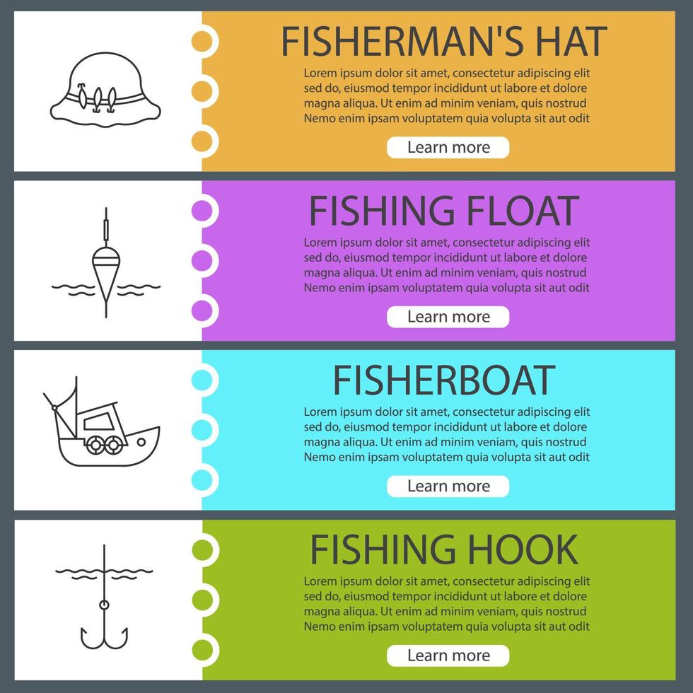 Fishing web banner templates set. Fishing float, fishermans hat, boat, fishhook. Website menu items. Vector headers design concepts