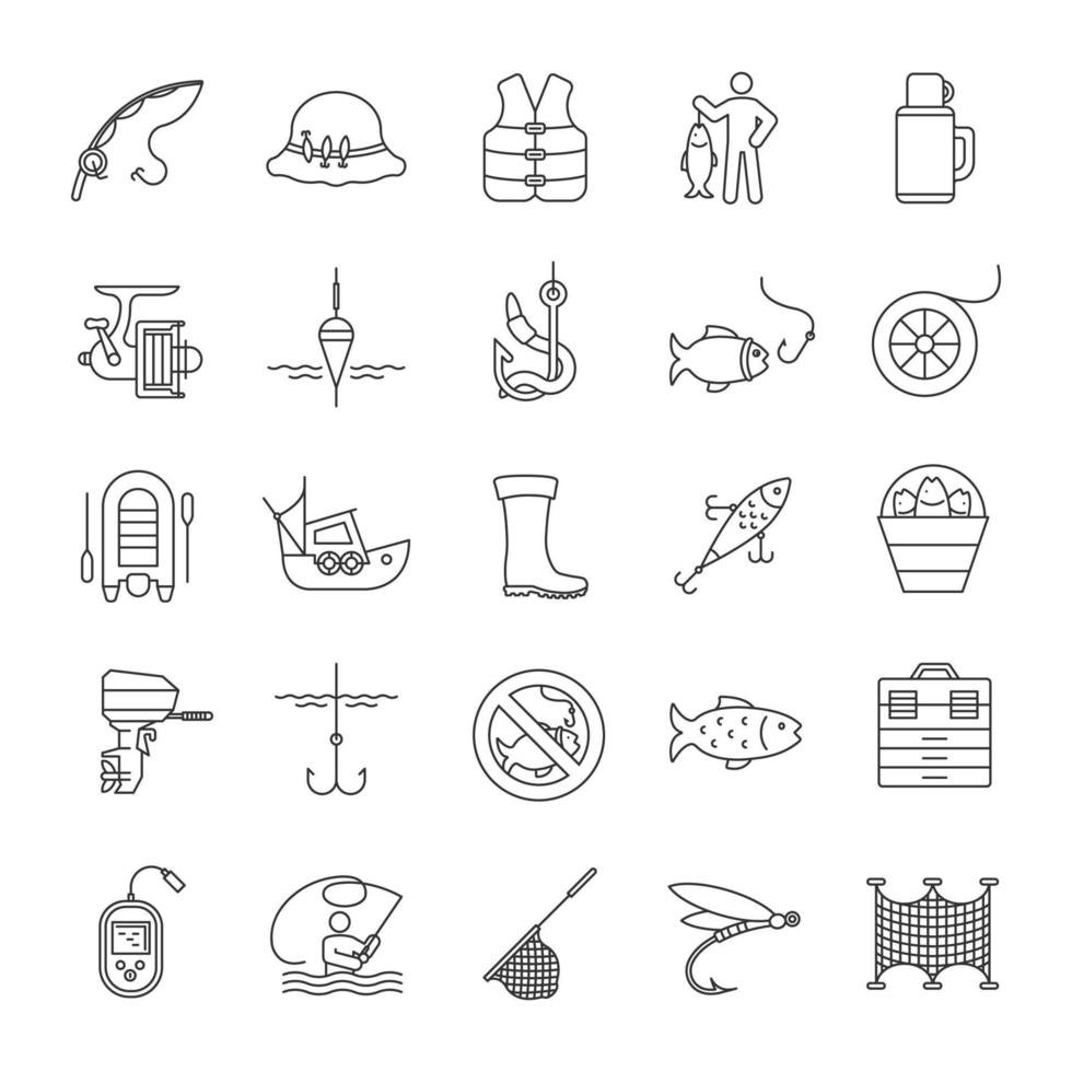 Fishing linear icons set. Angling equipment. Thin line contour symbols. Isolated vector outline illustrations