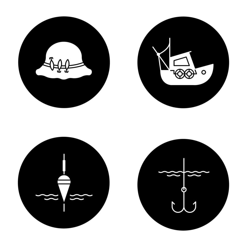 Fishing glyph icons set. Fishing float, fishermans hat, boat, fishhook. Vector white silhouettes illustrations in black circles