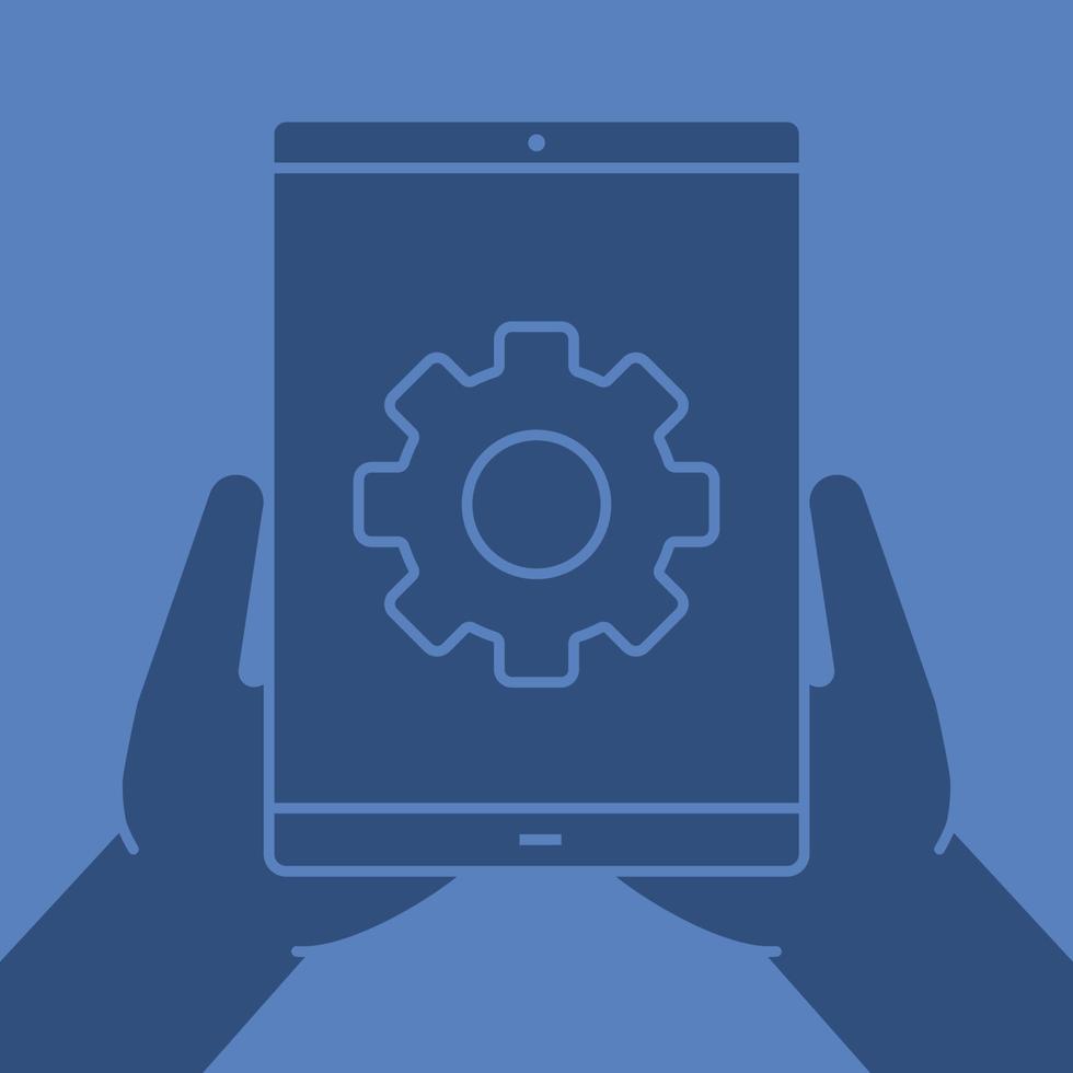 Hands holding tablet computer glyph color icon. Device settings. Silhouette symbol. Tablet computer with cogwheel. Negative space. Vector isolated illustration