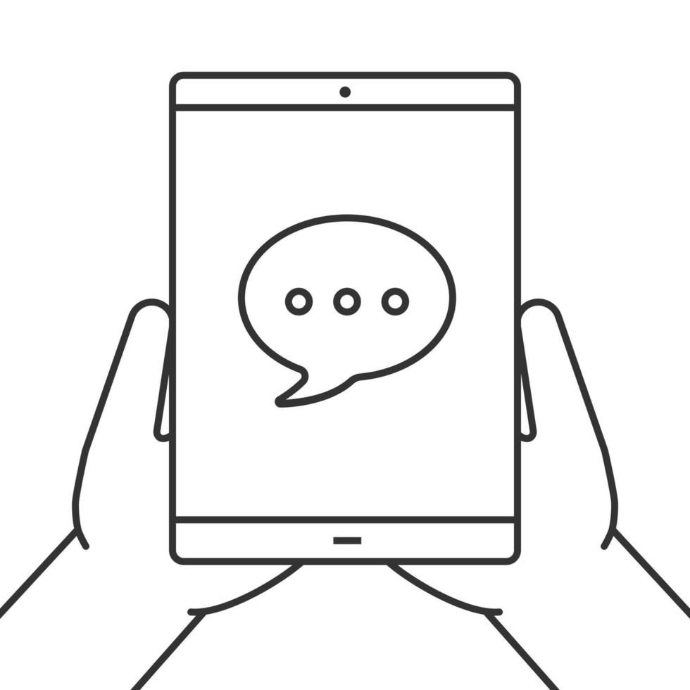 Hands holding tablet computer linear icon. Chatting. Messenger. Thin line illustration. Tablet computer with speech bubble. Contour symbol. Vector isolated outline drawing