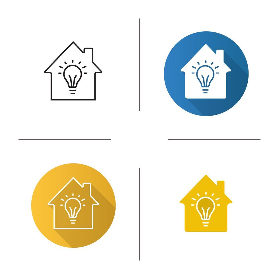 Home electrification icon. Flat design, linear and glyph color styles. House with light bulb inside. Isolated vector illustrations