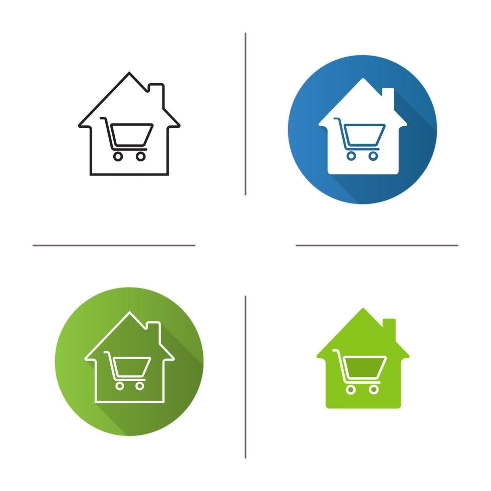 Household goods store icon. Flat design, linear and glyph color styles. House with shopping cart inside. Isolated vector illustrations