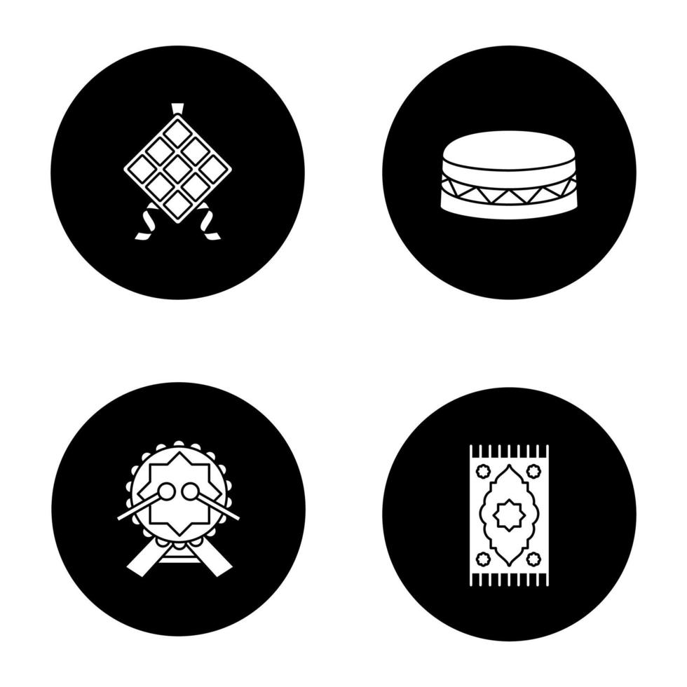 Islamic culture glyph icons set. Ketupat, daf drums, praying mat. Vector white silhouettes illustrations in black circles