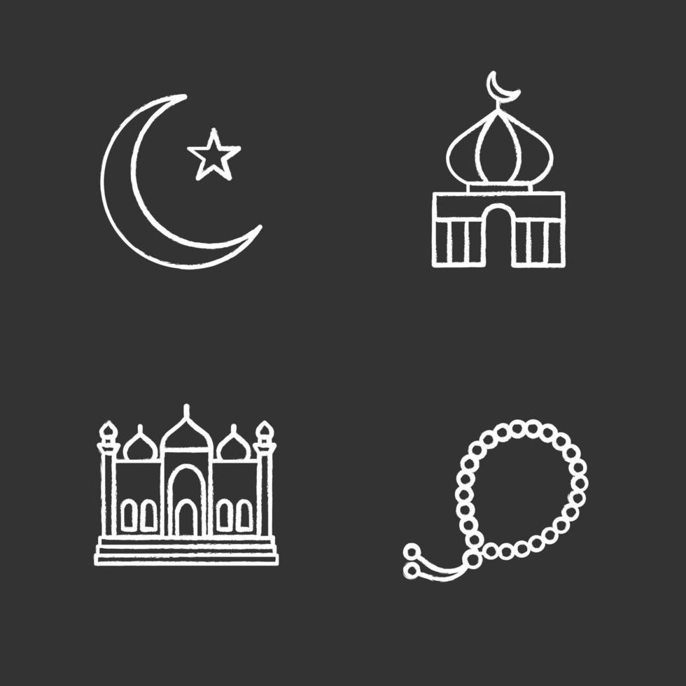 Islamic culture chalk icons set. Crescent moon and star, mosques, misbaha. Isolated vector chalkboard illustrations