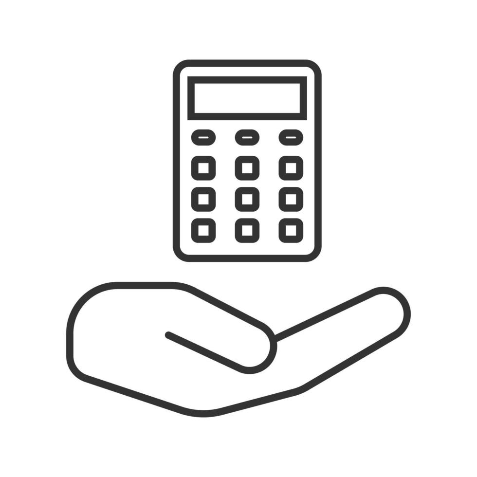 Open hand with calculator linear icon. Counting service. Thin line illustration. Contour symbol. Accounting, calculations. Vector isolated outline drawing