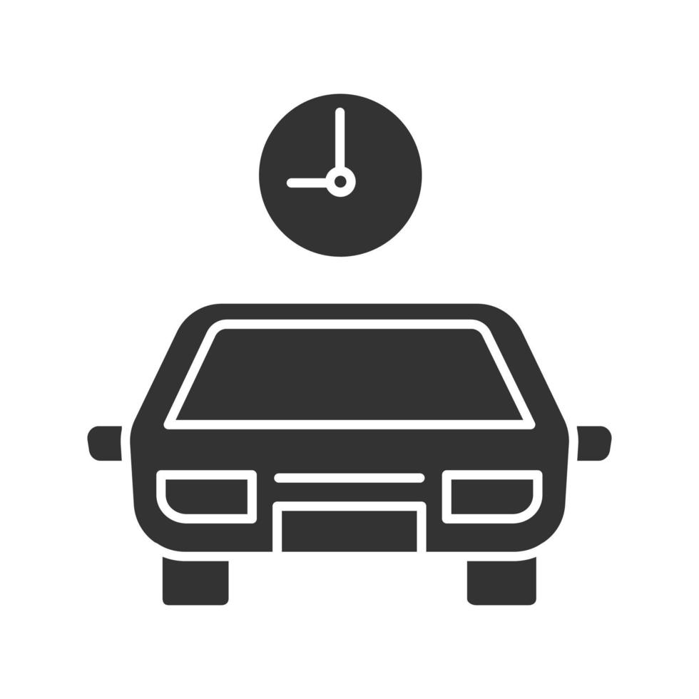 Car with clock glyph icon. Silhouette symbol. On time taxi. Negative space. Vector isolated illustration