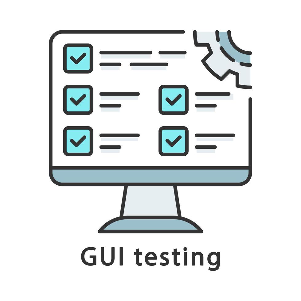 GUI testing color icon. Program settings. Computer monitor. Tester, quality assurance engineer work. Search bugs. Isolated vector illustration