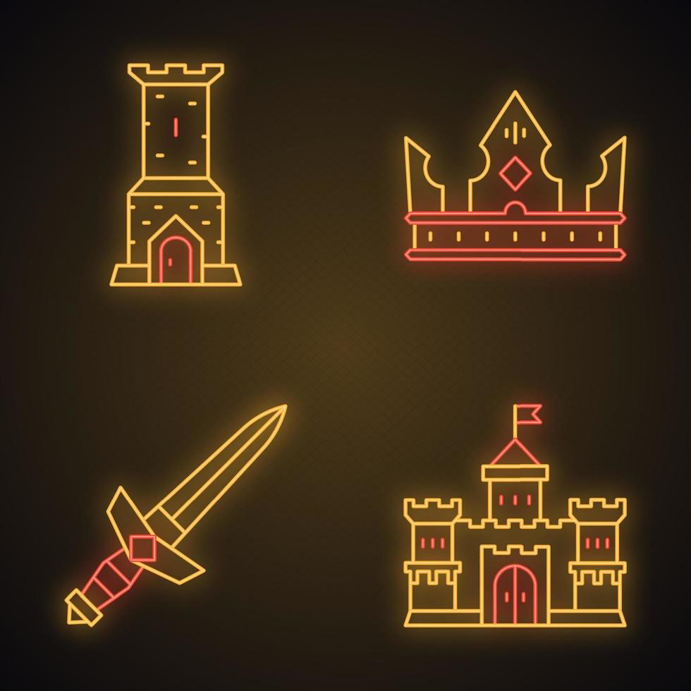 conjunto de iconos de luz de neón medieval. torre del castillo, corona del rey, espada de metal, castillo del señor. signos brillantes. Ilustraciones de vectores aislados