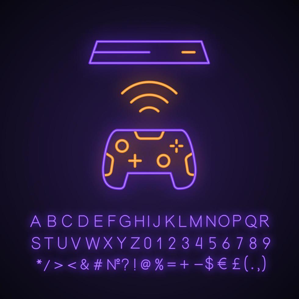 Wireless gaming controller neon light icon. Esport accessory. Video game device. Cordless joystick. Glowing sign with alphabet, numbers and symbols. Vector isolated illustration