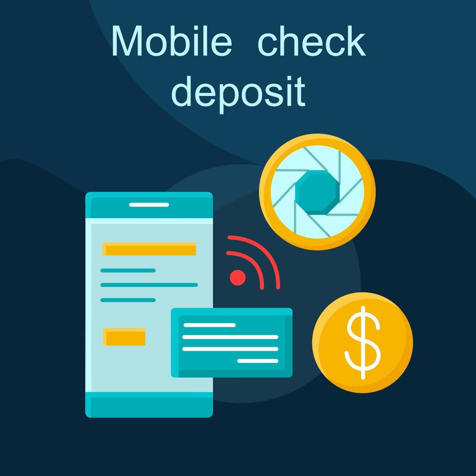 Mobile check deposit flat concept vector icon. Internet banking cartoon color illustrations set. Online banking. E-wallet. Transaction check, receipt, notification. Isolated graphic design element