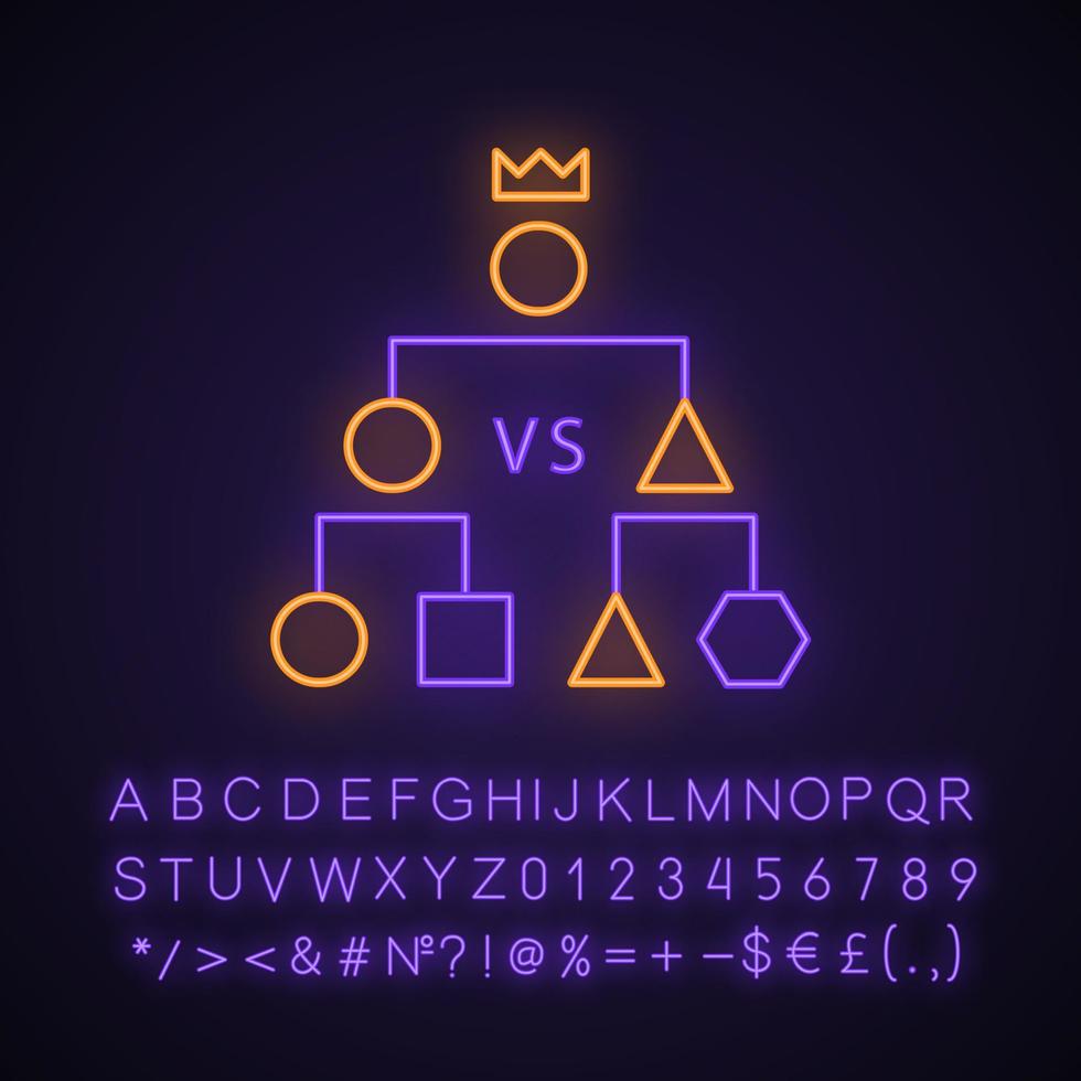 Double-elimination tournament neon light icon. Esports. Cyber championship. Competition. Game strategy scheme. Glowing sign with alphabet, numbers and symbols. Vector isolated illustration