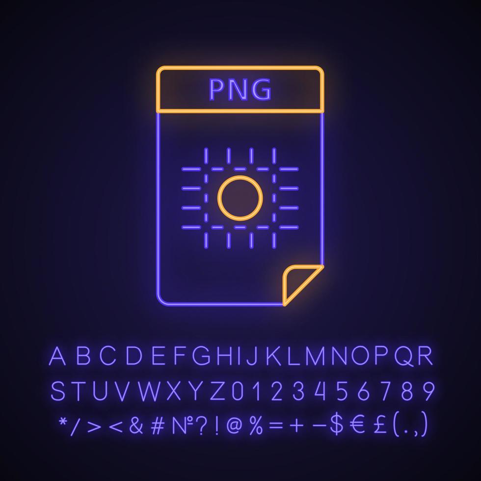 PNG file neon light icon. Image file format. Raster graphic document. Glowing sign with alphabet, numbers and symbols. Vector isolated illustration