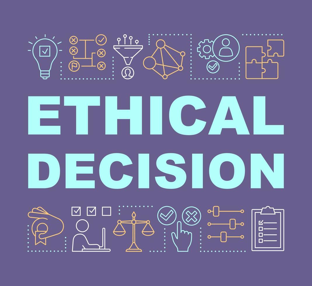 Ethical decision word concepts banner. Moral choice, solution. Ethical dilemma, issue solving. Presentation, website. Isolated lettering typography idea with linear icons. Vector outline illustration