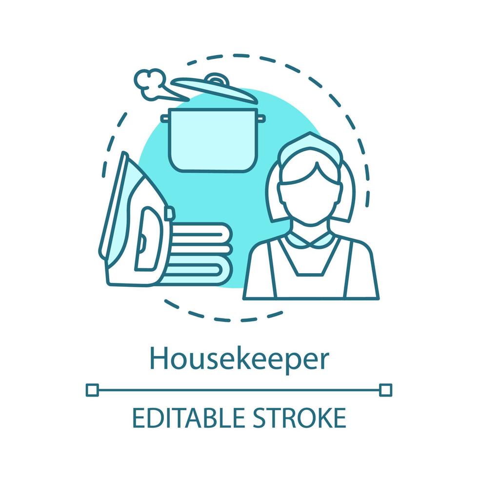Housekeeper concept icon. Cleaning agency staff idea thin line illustration. Home maintenance. Ironing and cooking. Domestic worker. Maid service. Vector isolated outline drawing. Editable stroke