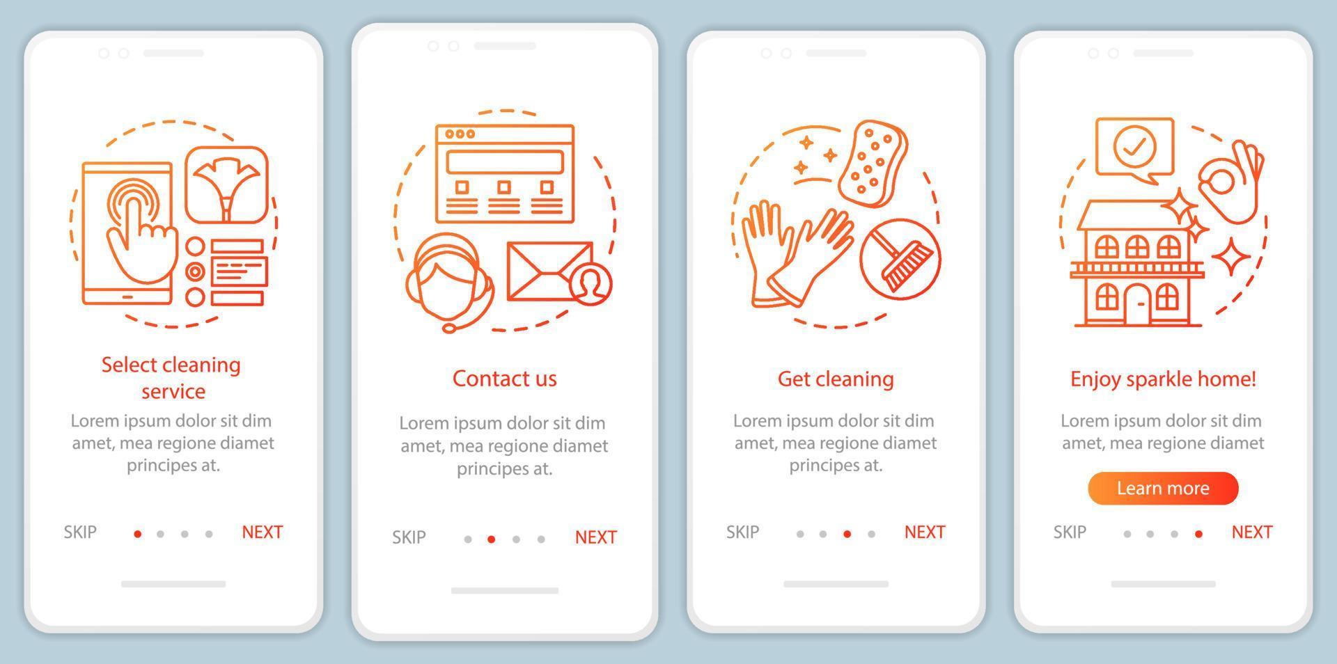 pantalla de la página de la aplicación móvil de incorporación de la reserva del servicio de limpieza, conceptos lineales. instrucciones gráficas de cuatro pasos de recorrido. planificación de la limpieza del hogar. ux, ui, plantilla vectorial gui con ilustraciones vector