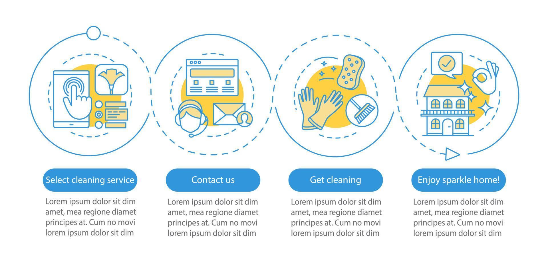 Cleaning service booking vector infographic template. Cleanup planning. Business presentation design elements. Data visualization, four steps. Process timeline chart. Workflow layout, linear icons