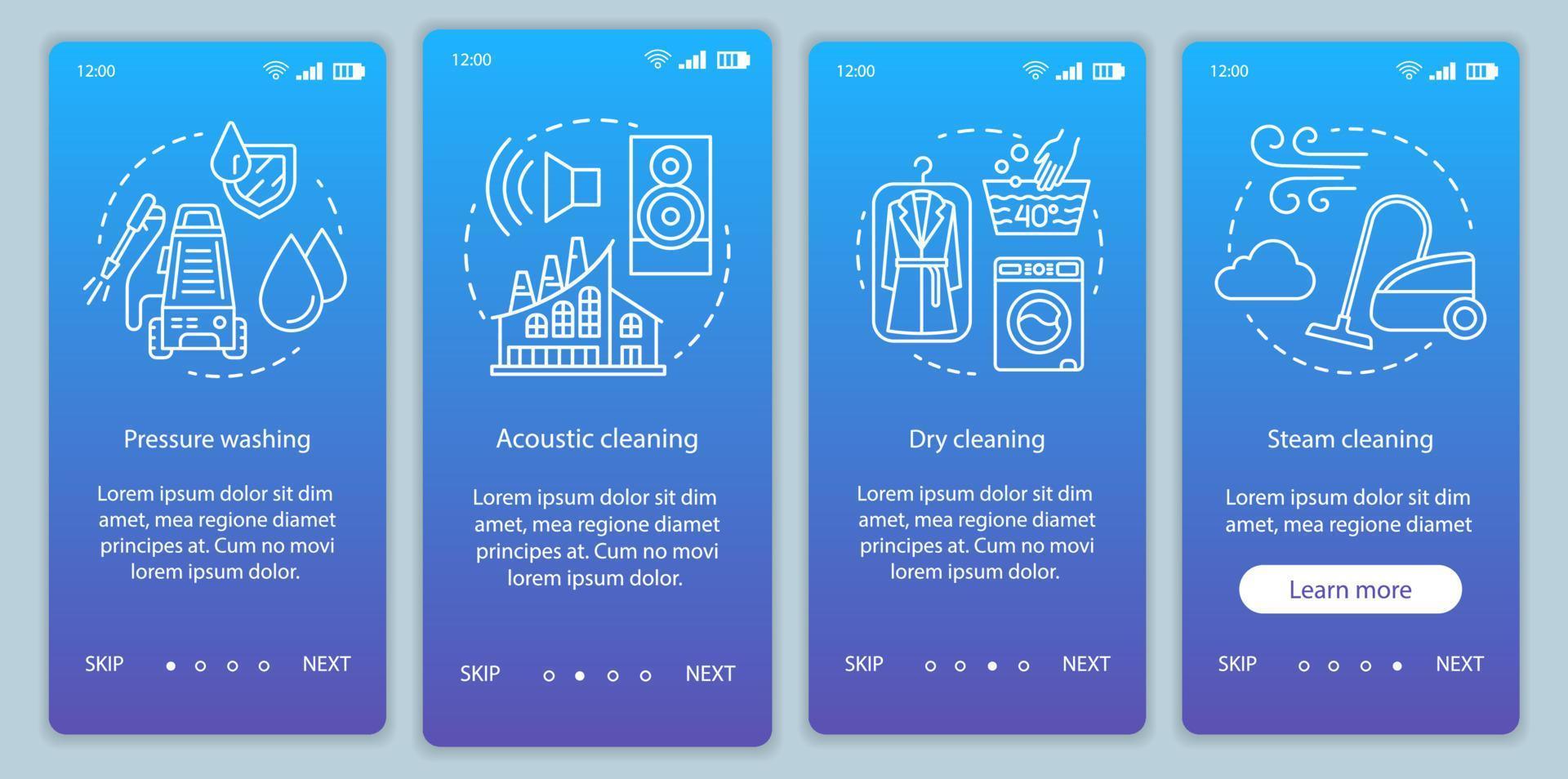 Cleaning methods onboarding mobile app page screen vector template. Pressure washing. Walkthrough website steps, linear illustration. Dry, steam cleanup. UX, UI, GUI smartphone interface concept