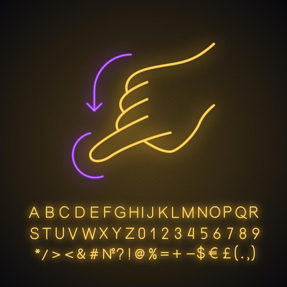 Flick down gesturing neon light icon. Touchscreen gesture. Human hand and fingers. Tap, point, click. Using sensory devices. Glowing sign with alphabet, numbers, symbols. Vector isolated illustration